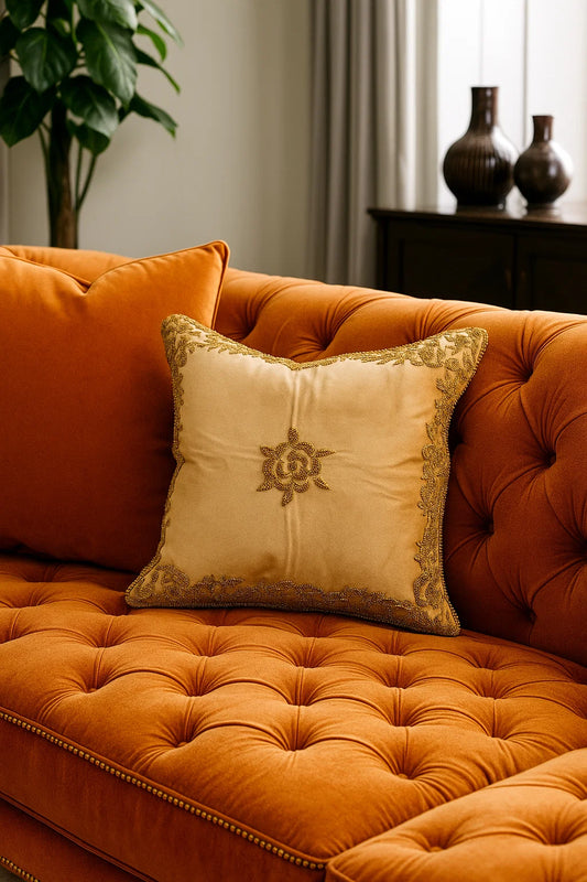 Handmade Velvet Cushion Cover (Beige and Gold)