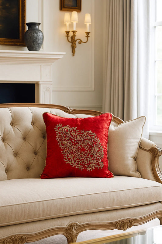 Handmade Velvet Cushion Cover (Red and Gold) Design 2