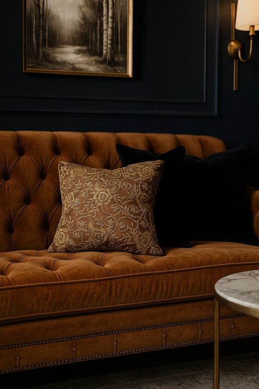 Handmade velvet Cushion Cover (Brown and Gold) - Handmade Stories