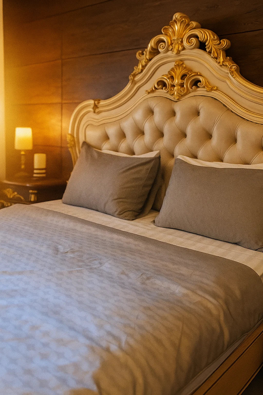 Handmade luxury bedding on an elegant tufted bed with pillows and gold headboard.