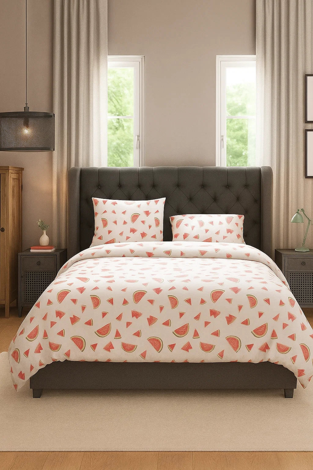 Handmade Stories watermelon print luxury bedding set on modern bed in bright bedroom