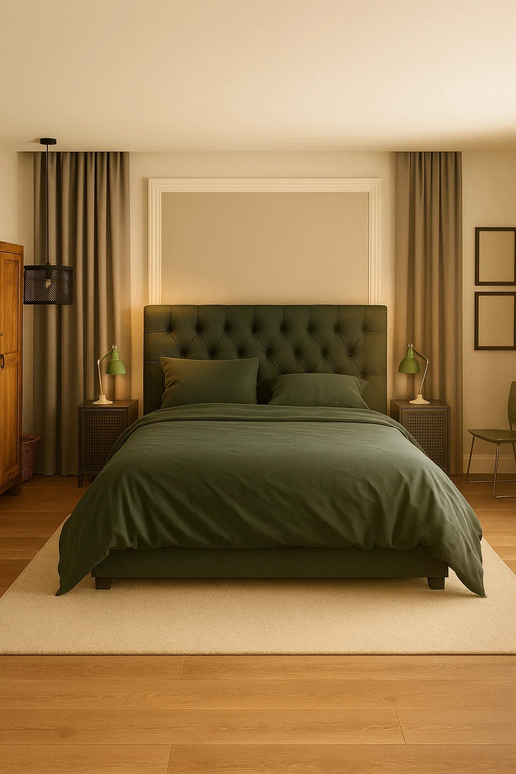 Elegant bedroom with green luxury bedding, tufted headboard, and artisan home decor