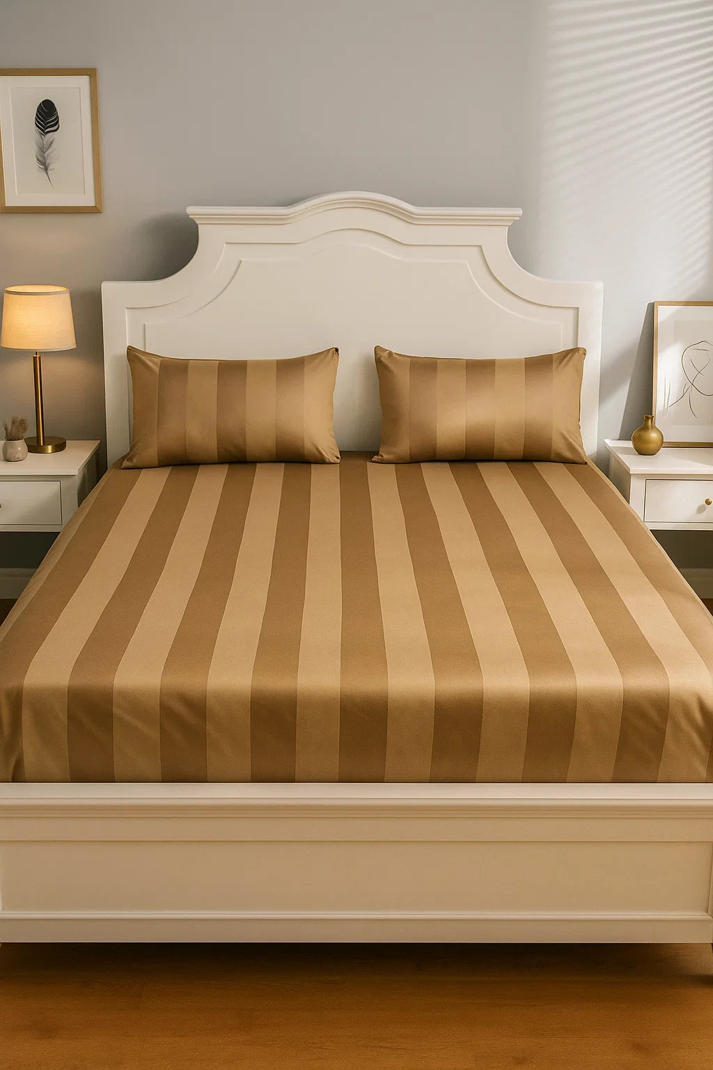 Premium Quality Bed Sheet Set with Flat Sheet (Mud Brown with Wide Stripes)