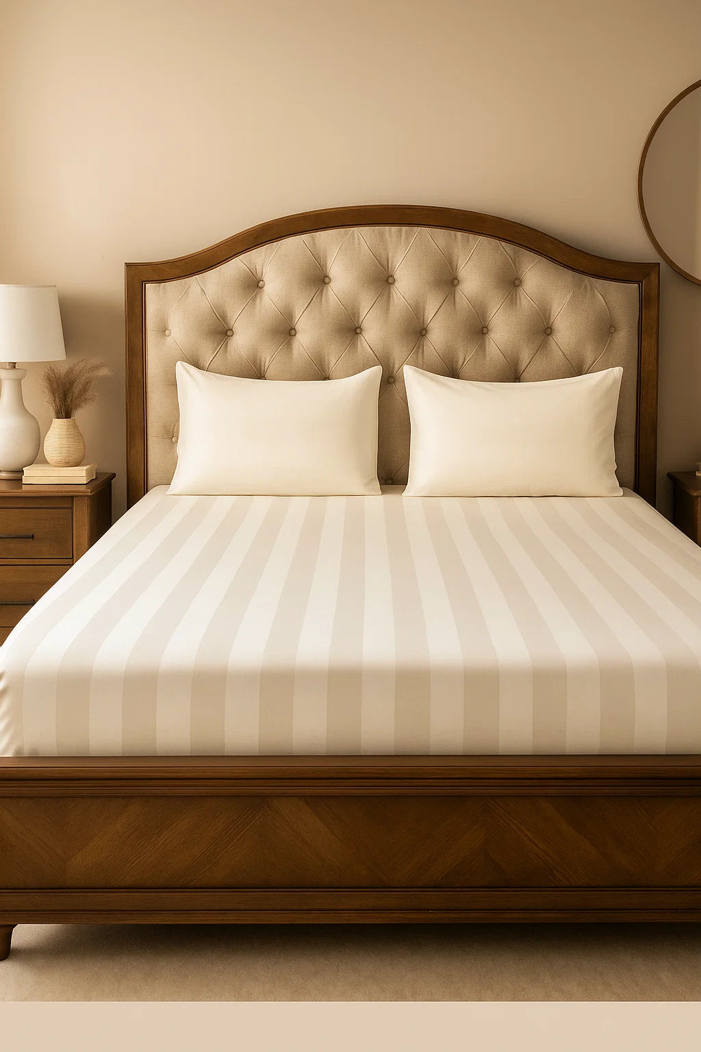 Luxury handmade bedding on a tufted bed with wooden frame, elegant neutral bedroom decor