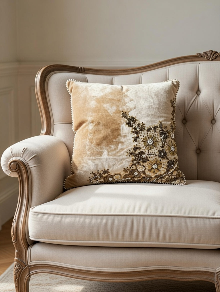 Handmade Velvet Cushion Cover (Beige and Gold - design 2)