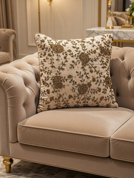 Handmade Velvet Cushion Cover (Beige and Gold - design 1)