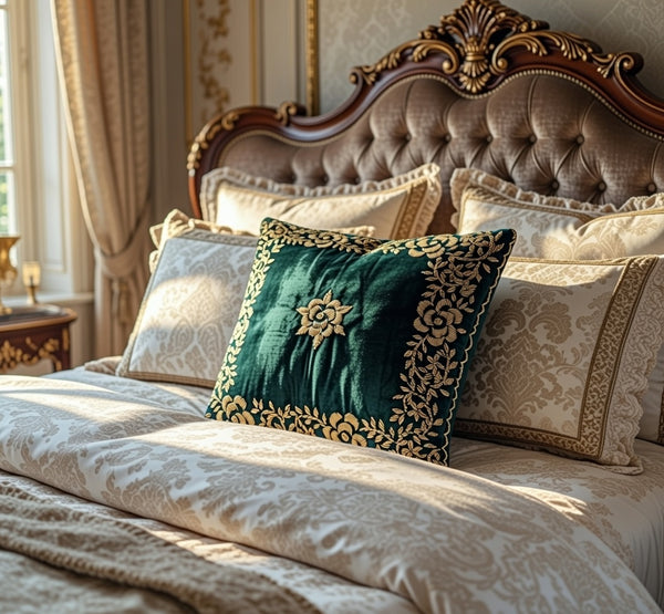 Handmade velvet Cushion Cover (Emerald Green and Gold border)