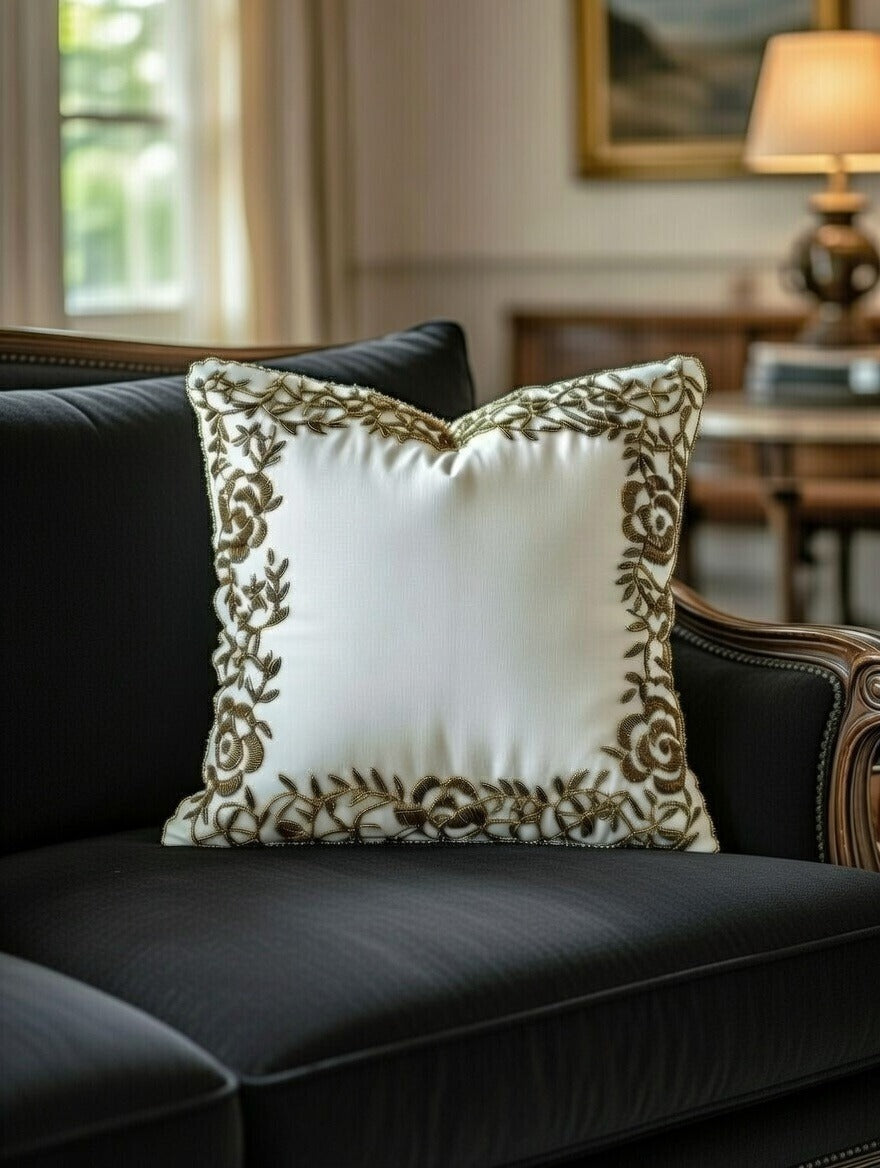 Handmade Velvet Cushion Cover (Ivory white and Gold) Design - 3