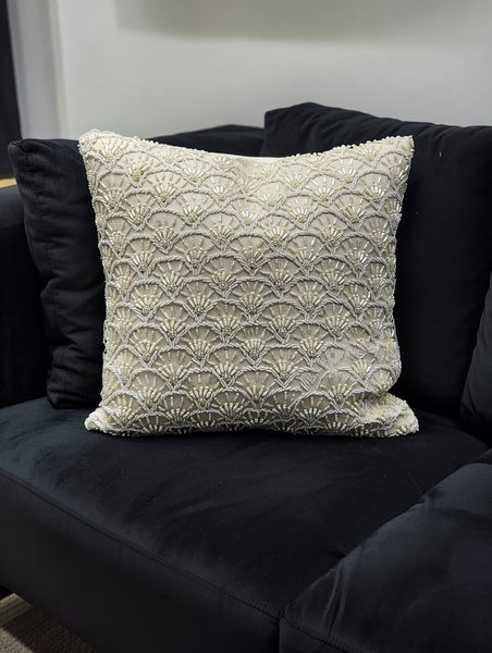 Handmade Velvet Cushion Cover (White Silver and Pearl)