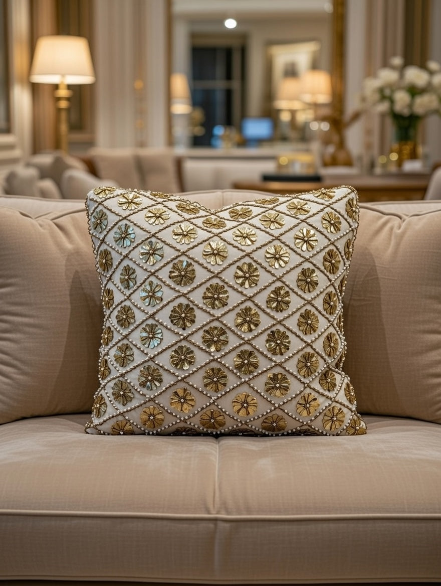 Handmade Velvet Cushion Cover (Ivory white and Gold)