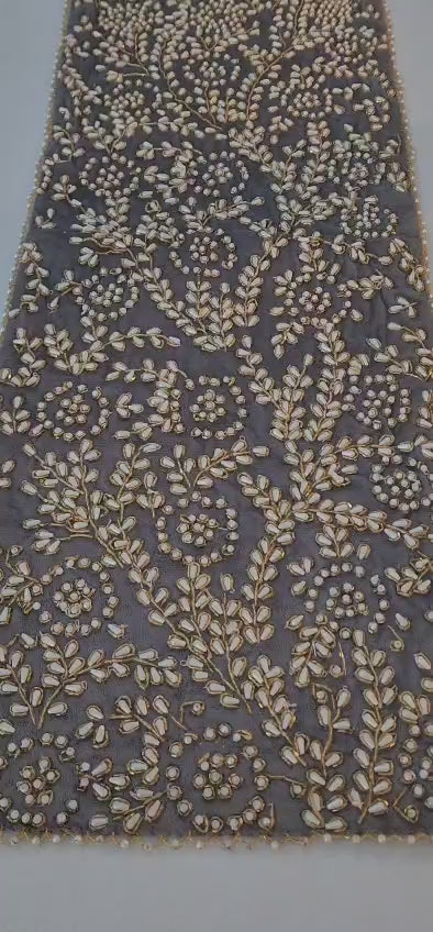 Handmade Beaded Table Runner Set (Grey Gold Pearl)