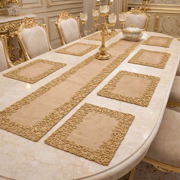 Handmade Beaded Table Runner Set - Beige and Gold (Design No 04)