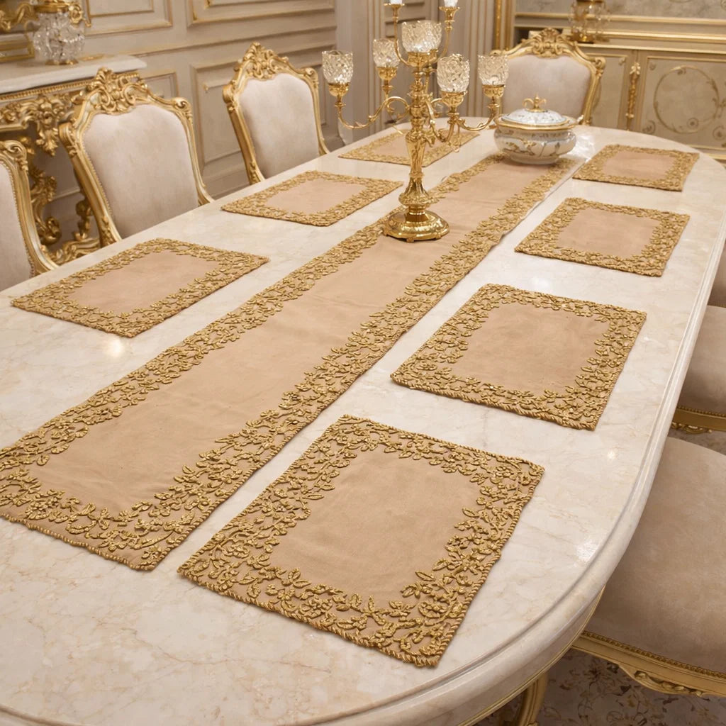 Handmade Beaded Table Runner Set - Beige and Gold (Design No 04)