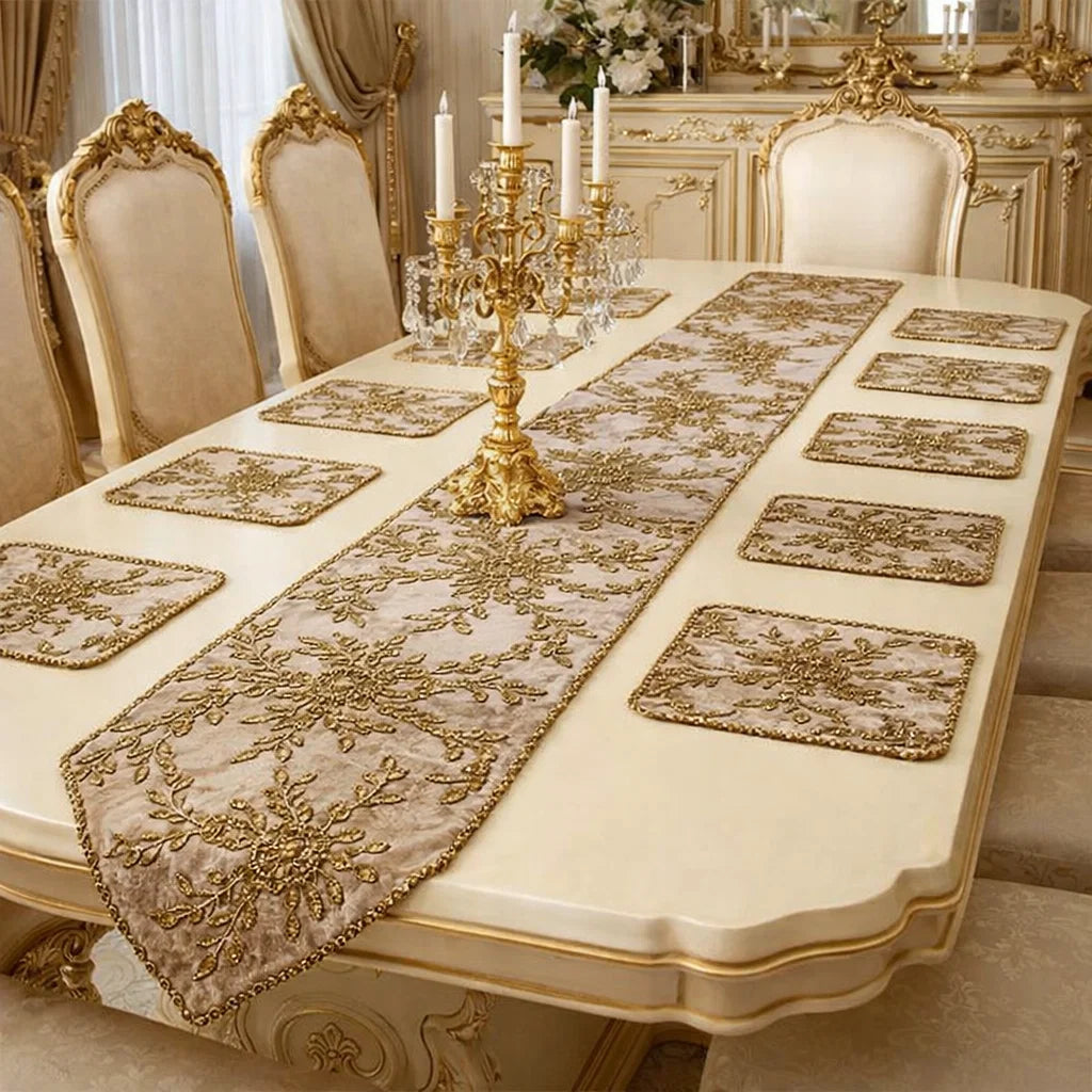 Handmade Beaded Table Runner Set- Beige and Gold (Design 1 )