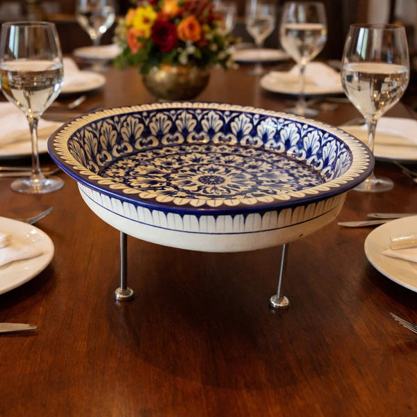 Hand-painted ceramic serving dish with stand (Blue)