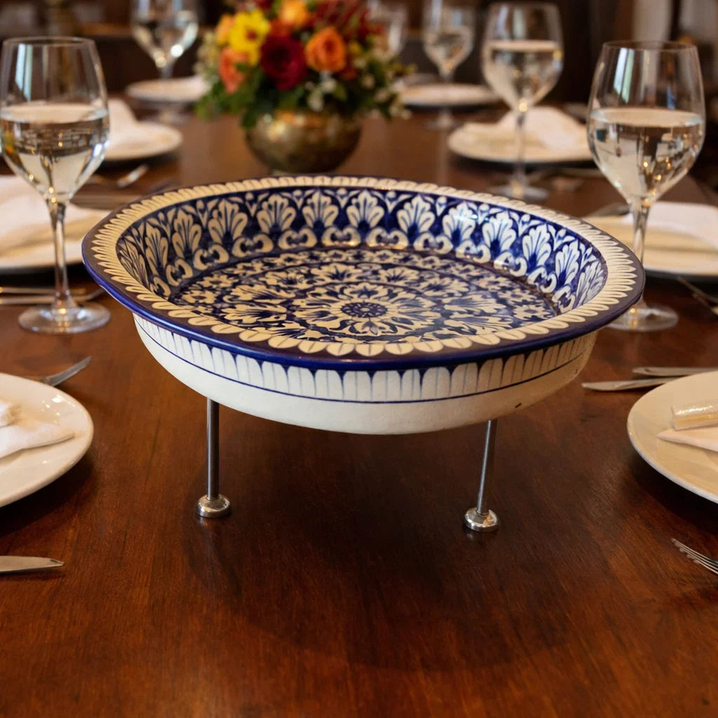 Hand-painted ceramic serving dish with stand (Blue)