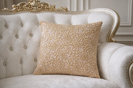 Handmade Velvet Cushion Cover (Light Beige Pinkish Gold and Pearl)
