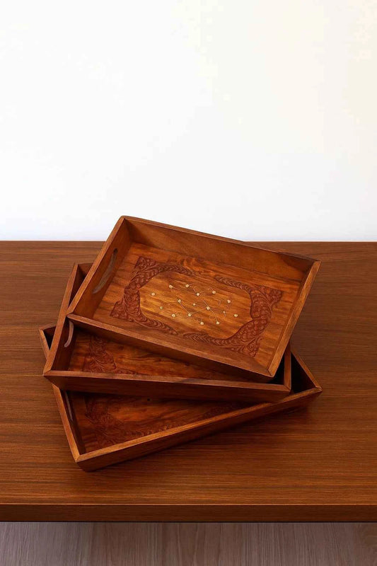 3-Piece Rectangular Wooden engraved Serving Tray Set
