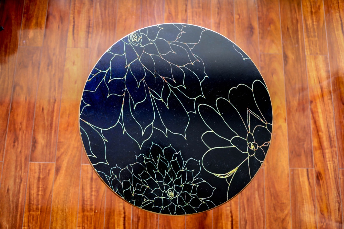 Modern Black & Gold Screen Printed Round Wooden Accent Table - Handmade Stories