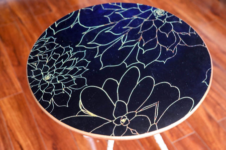 Modern Black & Gold Screen Printed Round Wooden Accent Table - Handmade Stories